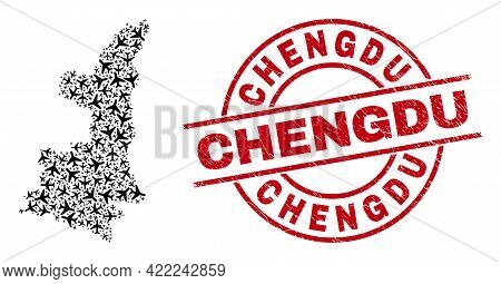 Chengdu Scratched Seal, And Shaanxi Province Map Collage Of Aeroplane Items. Collage Shaanxi Provinc