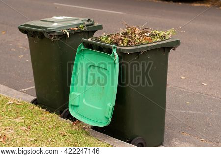 Australian Garbage Wheelie Bins With Green Lids For Green Garden Waste Lined Up On The Street For Co