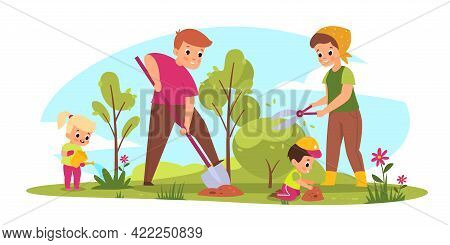 Family Gardening. Parents And Children Take Care Of Plants. Seasonal Farm Work. Mother Cuts Bush. Fa