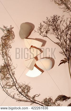 Make Up Cosmetic Sponges On Neutral Beige Background, Modern Trendy Still Life, Monochrome, Earth To