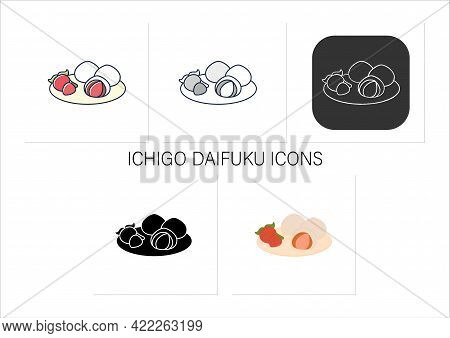 Ichigo Daifuku Icons Set.strawberries And Small Round Mochi Stuffed Red-bean Paste. Wagashi.spring J
