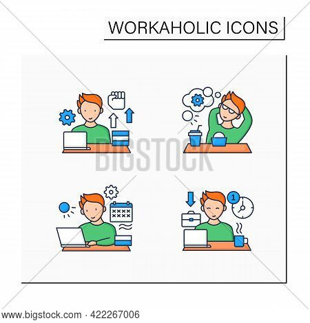 Workaholic Color Icons Set. Workaholism Prevention, Consequences. Workaholism Treatment, Ethic, Dile