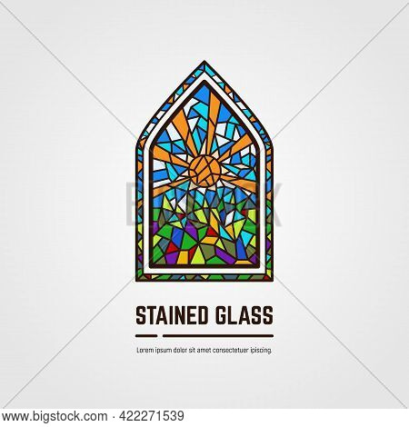 Colorful Stained Glass Window. Logo, Emblem Or Icon With Text. Sun With Rays And Grass. Thick Line S