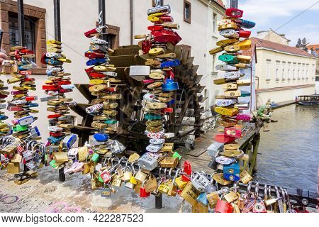 Locks On Bridge Over Certovka River In Prague, Czech Republic - May 2019