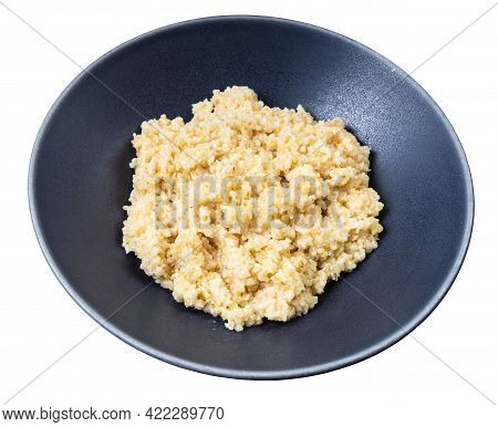 Cooked Porridge From Crushed Polished Wheat In Gray Bowl Isolated On Whitte Background