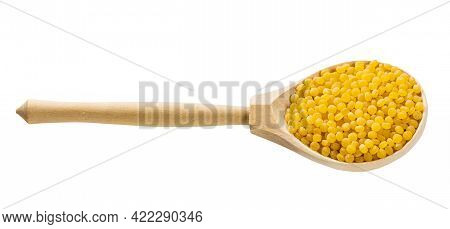 Wooden Spoon With Uncooked Ptitim Pasta (israeli Couscous) Isolated On White Background