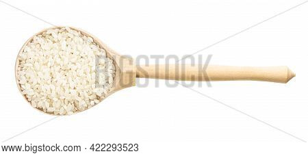 Top View Of Wood Spoon With Polished Medium-grain Rice Isolated On White Background