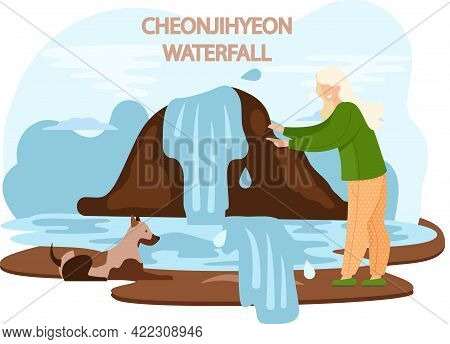 Cheonjiyeon Waterfall Famous Landmark Of Jeju Island In South Korea. Popular Place For Visiting Tour