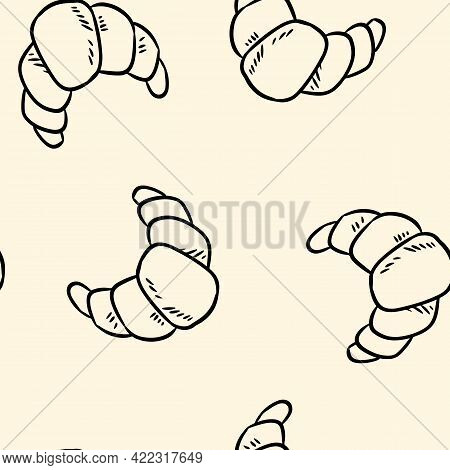 Tasty Croissant Doodles Seamless Border Pattern. Cute Cartoon Tasty Pastry Repeatable Texture Backgr
