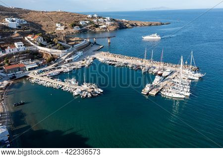 Sailing Boats At Loutra Marina, Kythnos Island, Greece. Aerial Drone View