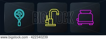 Set Line Frying Pan, Toaster And Water Tap. Black Square Button. Vector