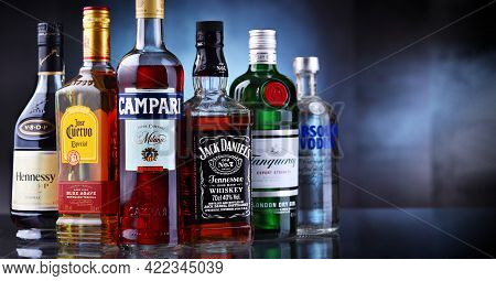 Poznan, Pol - May 12, 2021: Bottles Of Assorted Global Hard  Liquor Brands Including Whiskey, Vodka,