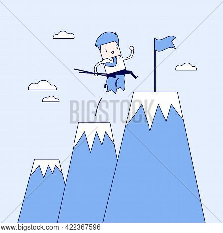 Businessman Climbing Up Mountains Or Cliffs And Moving To Final Destination Point. Cartoon Character