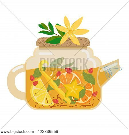 Glass Teapot With Fruit Tea. Herbal Tea, Healthy Summer Beverage Cold Or Hot. Drink With Slices Of O