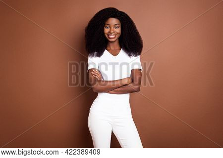 Photo Portrait Of Funky Girl Smiling In Casual Outfit Confident With Crossed Hands Isolated On Paste