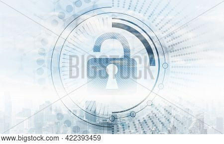 Cybersecurity Mixed Media With Virtual Locking Padlock On Cityscape Background. Data Privacy Protect