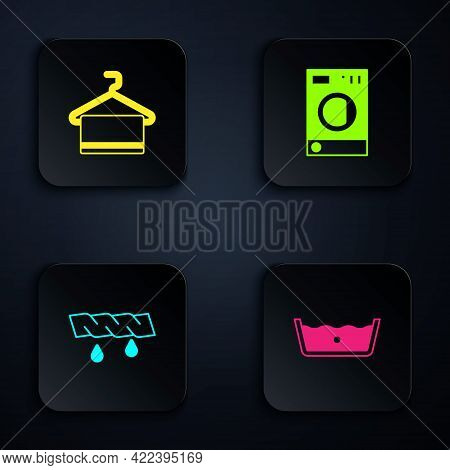 Set Temperature Wash, Towel On Hanger, Squeeze Clothes And Washer. Black Square Button. Vector