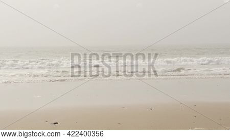 Sandy Misty Beach, Encinitas California Usa. Pacific Ocean Coast, Dense Fog Brume, Empty Sea Shore. 