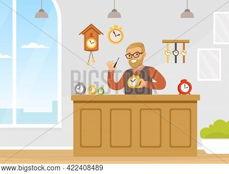 Male Watchmaker Repairing Watches, Craft Hobby Or Profession Vector Illustration