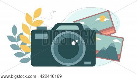 The Work Of A Photographer. Professional Digital Camera. Vector Illustration On White Background