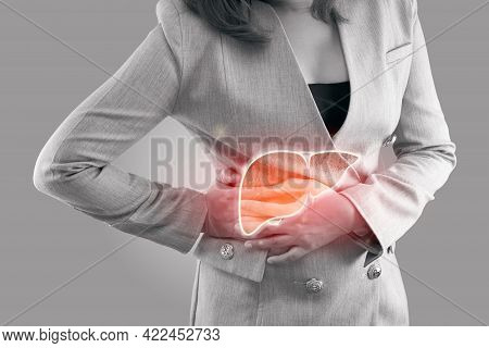 Illustration Of Liver On Woman's Body Against Gray Background, Hepatitis, Concept With Healthcare An