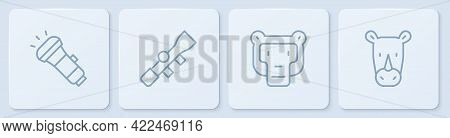 Set Line Flashlight, Monkey, Sniper Optical Sight And Rhinoceros. White Square Button. Vector
