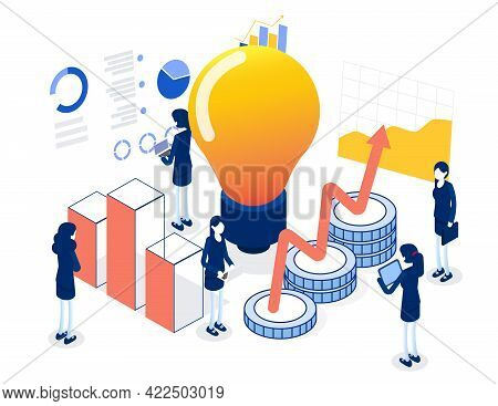 Business Team Character Having Finance Management Creative Ideas. Flat Isometric Vector Illustration