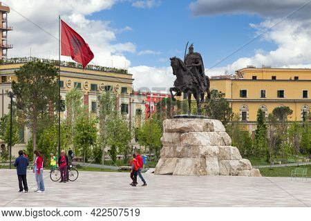 Tirana, Albania - April 24 2019: The Skanderbeg Monument Is A Monument In The Skanderbeg Square Comm