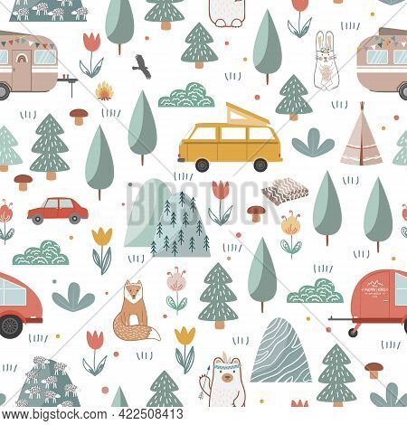 Hand Drawn Seamless Pattern With Summer Camping Equipment. Trailers, Mountains, Trees, And Animals I