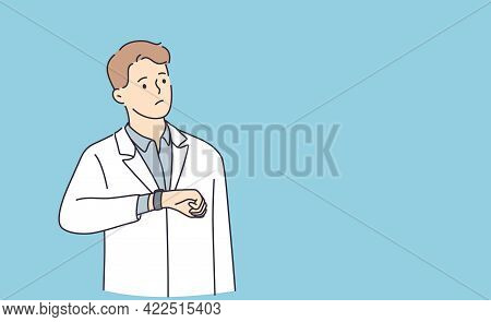 Being Late And Negative Emotions Concept. Young Stressed Dissatisfied Man Cartoon Character Standing