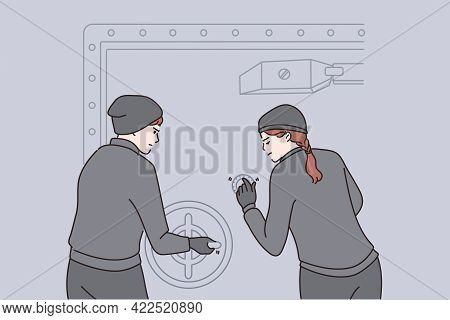 Robbery And Crime Concept. Two Young Robbers Man And Woman In Uniform Cartoon Characters Standing Tr