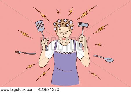 Crazy Housewife At Home Concept. Young Crazy Angry Woman Cartoon Character In Apron Cooking With Coo
