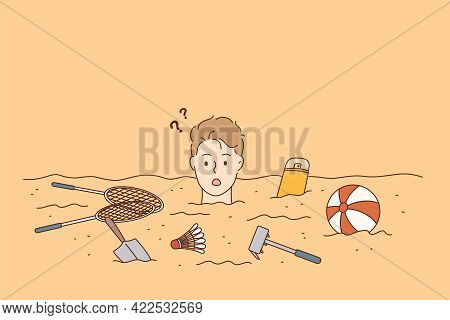Summer Holidays, Beach, Recreation Concept. Portrait Of Shocked Boy Cartoon Character With Stuck Hea