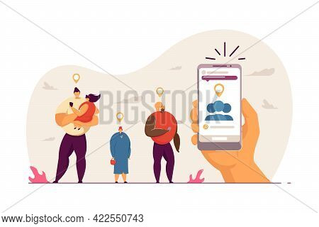 People Using Gps To Reach Destination. Father Holding Daughter And Young Woman Looking At Phone, Old