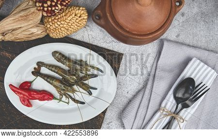 Peruvian Food: Ingredients To Prepare Chupe Soap, River Shrimp. Selective Focus