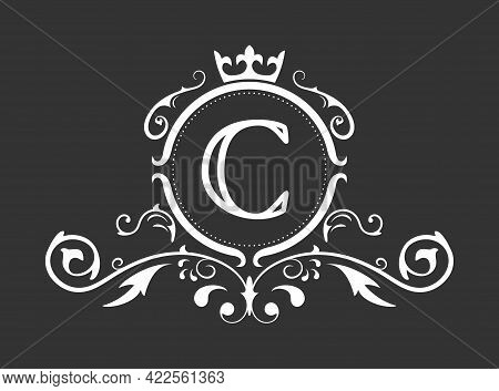 Stylized Letter C Of The Latin Alphabet. Monogram Template With Ornament And Crown For Design Of Ial