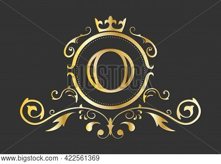 Golden Stylized Letter O Of The Latin Alphabet. Monogram Template With Ornament And Crown For Design