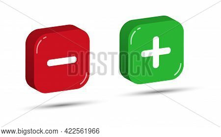 Red And Green Three-dimensional Square Buttons With Plus And Minus Symbols. Simple Design.