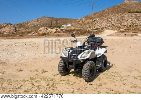 Paros, Greece - September 29, 2020: Quad Parked At Kolymbithres Beach On Paros Island, Cyclades, Gre