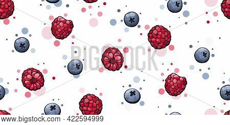 Seamless Pattern With Raspberry And Bluberry Berries. Artistic Vector Illustration, Endless Backgrou
