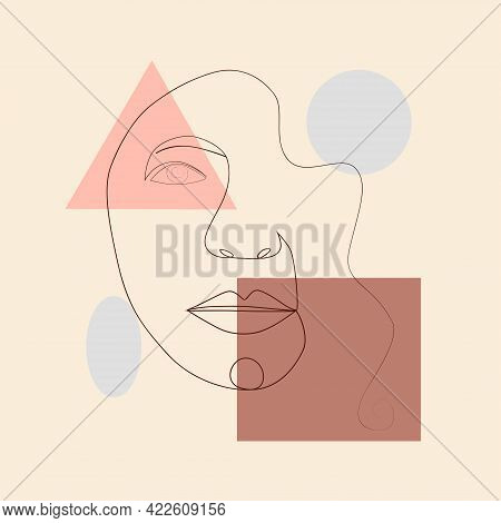 Minimalist Portrait Of Female Face By One Continuous Line. Hand Drawn Abstract Feminine Print On A B