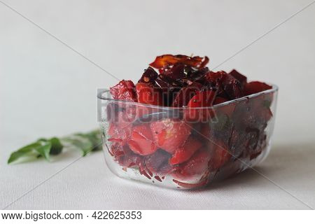 Stir Fried Beetroot And Potato Cubes With Shallots, Dry Red Chillies And Curry Leaves. A Side Dish F