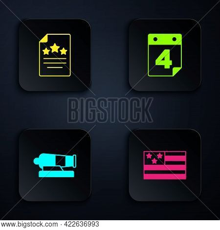 Set American Flag, Declaration Of Independence, Cannon And Calendar With Date July 4. Black Square B