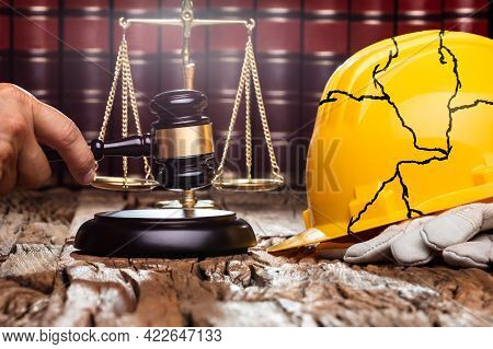 Construction Accident Litigation In Court. Mallet In Courtroom