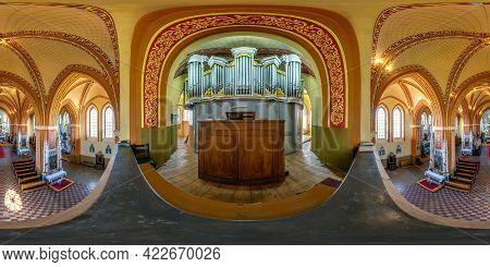 Ossava, Belarus - May 2021: Full Spherical Seamless Hdri Panorama 360 Degrees Inside Interior Of Neo