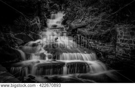 Black And White Landscape Of Springtime Waterfall