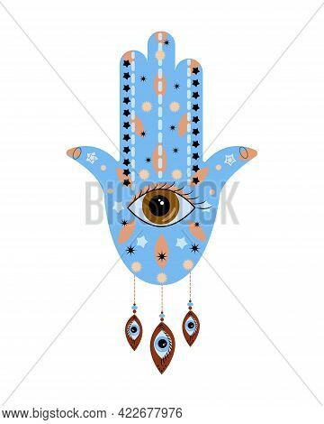 Ornate Hamsa Hand Amulet. Evil Eye Protection Sign. Vector Flat Illustration