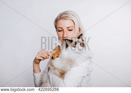 A Girl In A White Coat Is Holding A Fluffy Cat Regg Dol. Veterenar Is Combing The Animal.