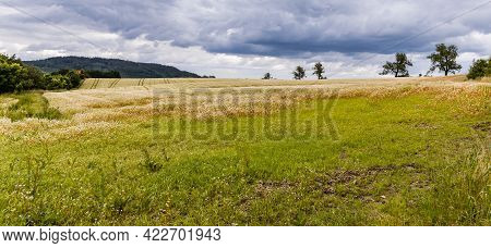 Big Hills And Fields Next To Mountain Trail In Walbrzych Mountains