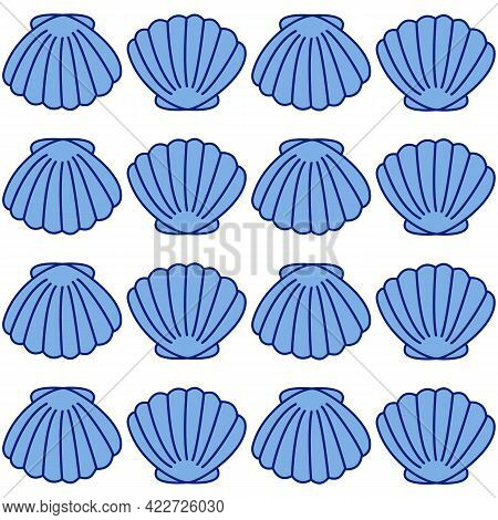 Abstract Background Seamless Pattern Tile Vector With Blue Sea Shells On White Background. Summer Tr
